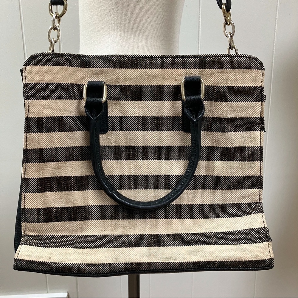 Striped Canvas Faux Leather Satchel Purse Adjustable Strap Double Handles Pocket - Picture 11 of 13
